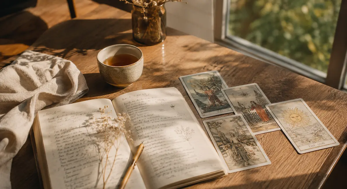 A set of Tarot cards laid out on a table, natural light